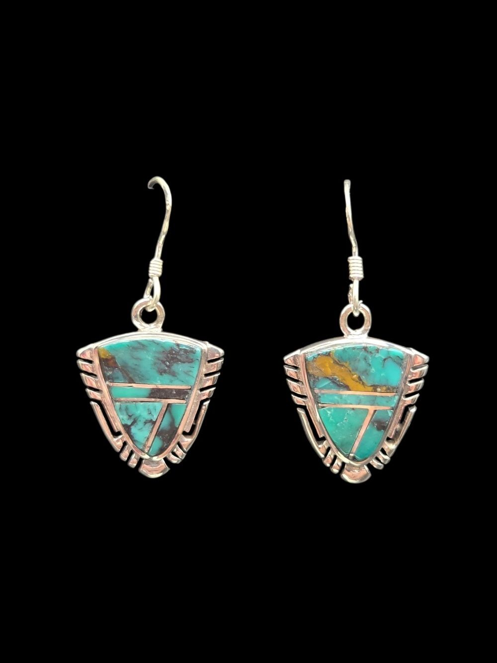 Sterling Silver Blue Green Turquoise Inlay Drop Earrings Sun Hallmark Southwest